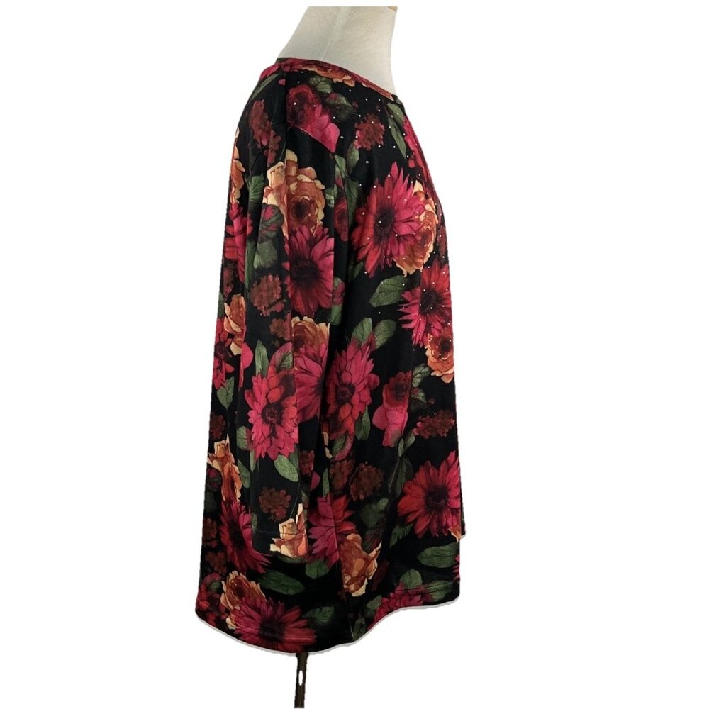 Rebecca Malone 1X Womens Top Floral Stretch 3/4 Sleeve Black Pink Orange Flowers - Picture 6 of 9